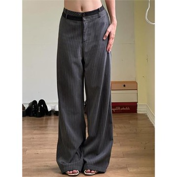 ROCKMORE【職場女妖】條紋撞色腰頭顯瘦休閑褲氣質簡約灰色西裝褲