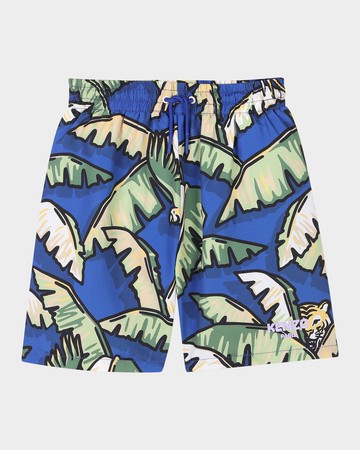 Boy's Jungle-Print Swim Shorts, Size 6-12