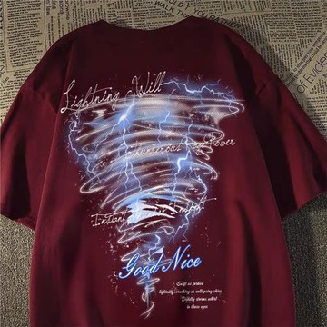 美式高街潮牌閃電龍卷風印花短袖t恤男女街頭寬松百搭情侶上衣服