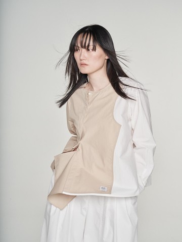 Unbalanced Raw Cutting Patched Shirt _ Brown
