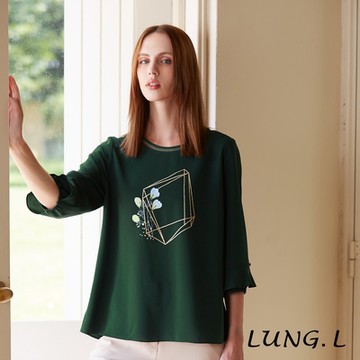 LUNG.L林佳樺 綠色前片膠印造型袖口雪紡七分袖女裝上衣LQ92A