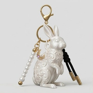 兔兔（銀長毛兔）造型鑰匙圈 迷你 絲綢白