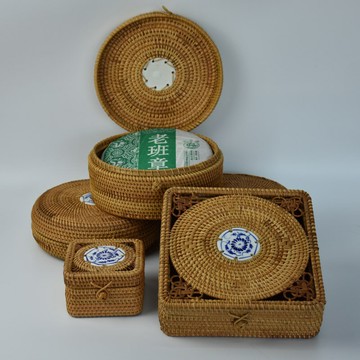 秋藤編茶餅盒創意收納盒普洱茶餅盒沱茶盒存茶盒茶道零配