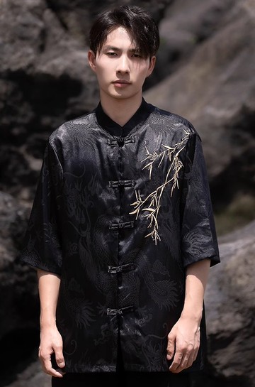 新中式復古 竹葉刺繡短袖襯衫