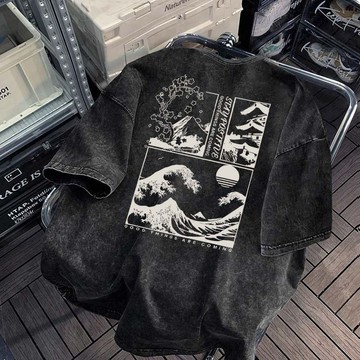 【YY！富士山櫻花】230克重磅水洗棉T 潮牌t 日系小眾上衣 寬版上衣 復古美式大t vintage上衣 夏天短袖t恤