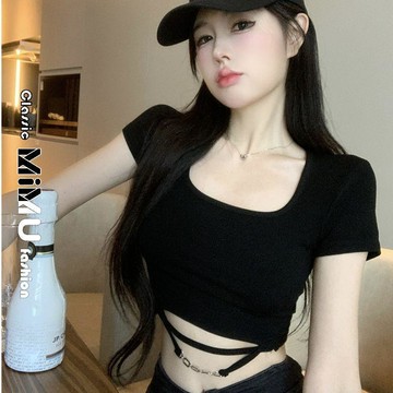 【MIMU】 歐美風上衣 短款T恤女 性感上衣 方領短袖衫 上衣 修身 顯胸 素T 短袖上衣 內搭 貼身打底衣 夏季女裝