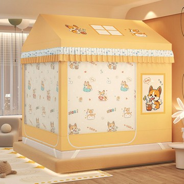 新款坐床蚊帳三開門遮光床簾一體式防塵床幔簾防掉床卡通兒童帳篷