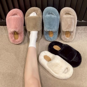 白鳥麗子 [現貨快出] 【35-42全尺碼】厚底鞋 可愛純色寬面一字帶毛毛拖鞋