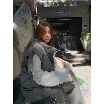 LIL CHER灰色白鴨絨立領秋冬羽絨馬甲背心女冬季外穿寬松加厚外套