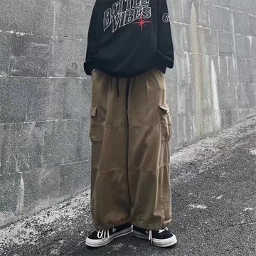 軍綠色阿美咔嘰工裝褲男夏季日系oversize褲子復古重磅直筒休閑褲