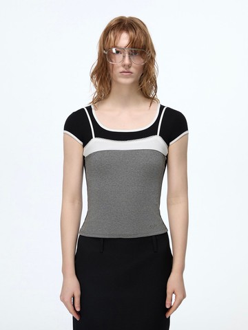 黑灰撞色 mu1系運動風花邊拼接天絲短袖針織上衣