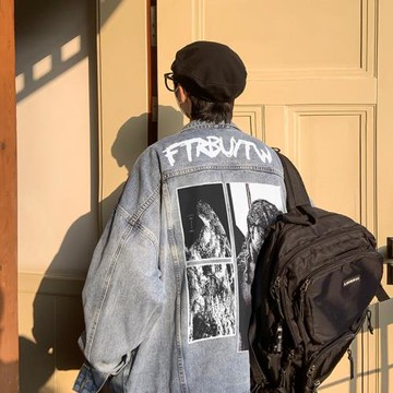 水洗復古牛仔外套男美式潮牌高街上衣秋季寬松翻領夾克休閑牛仔衣