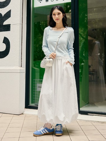 刷刷布腰鬆緊氣球下襬口袋長裙