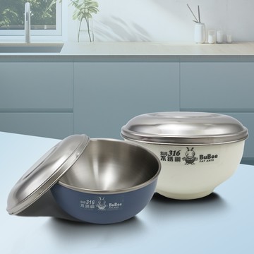 豆豆316不鏽鋼隔熱碗-附不鏽鋼蓋-14cm-莫蘭迪藍x1+白色x1