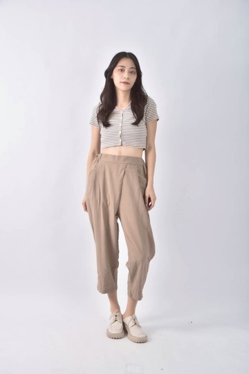 (M) 高腰寬管棕色長褲