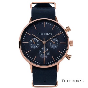 (此賣場目前缺貨中)【Theodora's】Apollo 中性三眼瘋馬皮腕錶 三眼深藍-瘋馬皮深藍