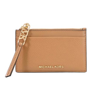 MICHAEL KORS EMPIRE 浮雕LOGO皮革卡片零錢包.淺咖