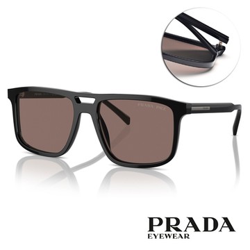 PRADA 雙槓方框偏光太陽眼鏡/黑 深灰棕偏光鏡片#SPRA22F 16K30H-58mm