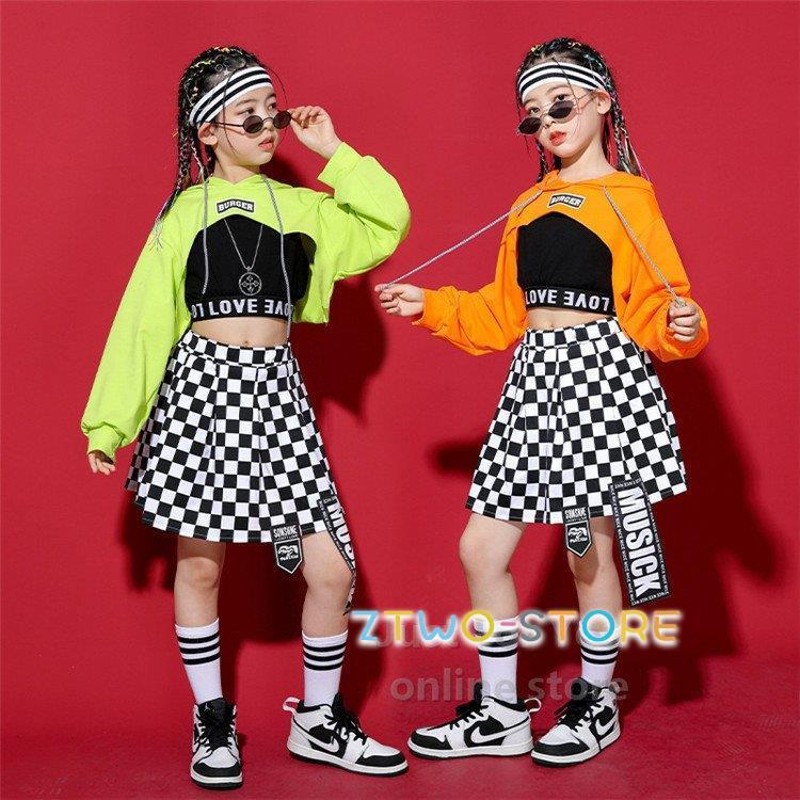 キッズダンス衣装 へそ出し 子供服 ヒップホップ スカート チェック柄 女の子 タンクトップ K-POP 演出服 舞台服 練習着 チア チアガール  原宿ファッション LINEショッピング