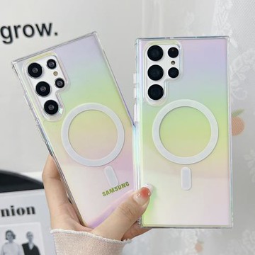 適用三星s20/s21/22ultra/s23ultra/s24ultra手機殼MagSafe磁吸亮面保護套漸變鐳射炫彩小眾ins風簡約個性潮