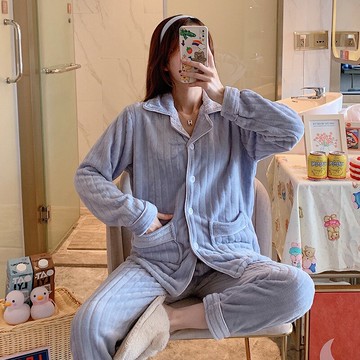 珊瑚絨睡衣女秋冬季加厚加絨純色可外穿簡約保暖家居服法蘭絨套裝