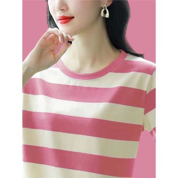 2026年夏季新款百搭圓領條紋t恤女短袖胖mm寬松大碼半袖純棉上衣