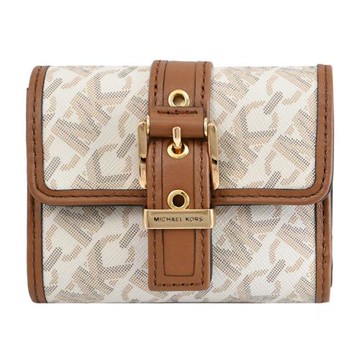 MICHAEL KORS COLBY 金屬穿扣印花三折零錢小短夾.白/咖邊