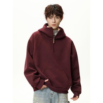 WASSUP美式重磅半拉鏈衛衣男秋季vibe潮牌純色連帽衫百搭情侶外套