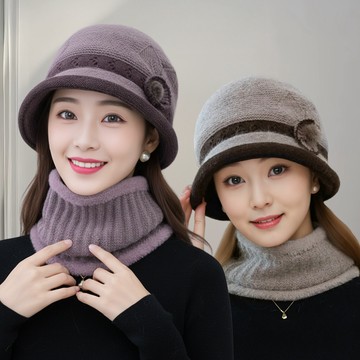 【I.Dear】韓版抗寒雪地加絨加厚花朵貝雷帽圍脖兩件套組(4色)