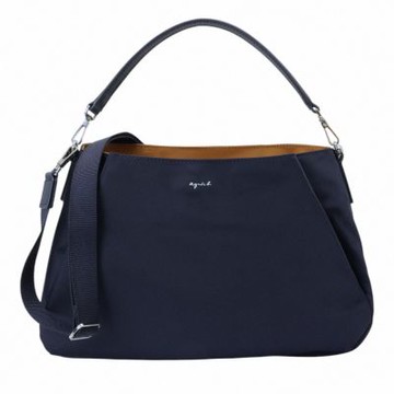 agnes b.-金屬agnes b.字雙層尼龍兩用包(海軍藍x內駝)中