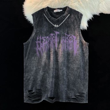 美式復古暗黑風印花下擺破洞背心男夏季項鏈裝飾寬松無袖痞帥T恤