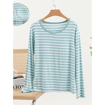 條紋胸墊莫代爾長袖T恤春秋免文胸大碼休閑上衣寬松圓領百搭T恤衫