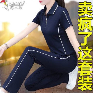 啄木鳥休閑品牌運動服套裝女2025夏季新款短袖大碼polo領冰絲兩件