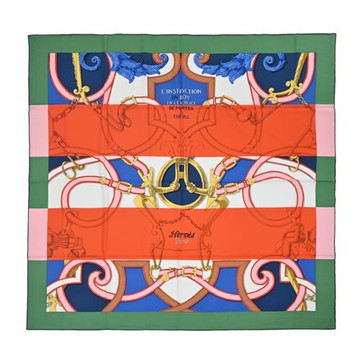 Hermes 愛馬仕 LInstruction du Roy Bayadere 140 cm手工捲邊喀什米爾與真絲混紡方巾(淺青苔/橘/皇家藍)