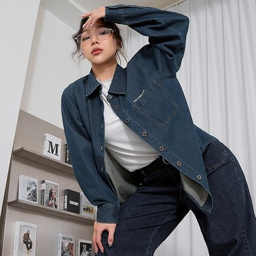 【PolyLulu】 水洗印花寬鬆牛仔長袖襯衫(unisex)