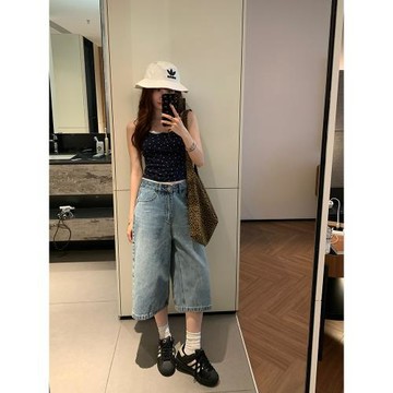 荒荒家美式七分藍色牛仔褲2025新款高街小個子直筒休閑中短褲女夏