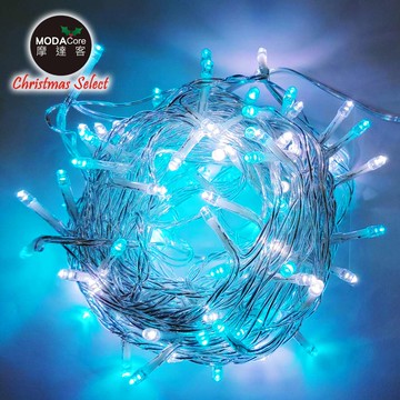 摩達客-浪漫療癒100燈LED高亮度透明線聖誕燈樹燈串-奇幻藍白光（USB充電接頭＋控制器）_廠商直送