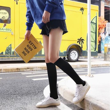 高筒女襪子潮過膝蓋襪春秋保暖高幫街頭黑白純色運動足球棉長襪男