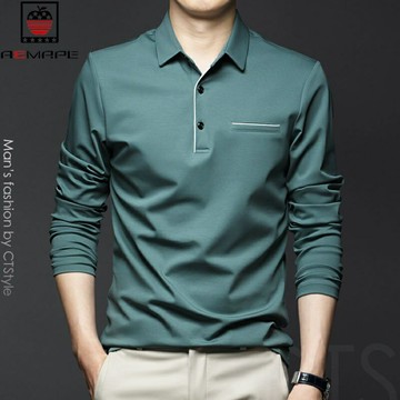 polo衫 秋冬高品質 上衣男 冰絲長袖上衣男 男士長袖 帥氣襯衫 領撞色拼接半袖 潮牌新款休閑男裝t恤上衣