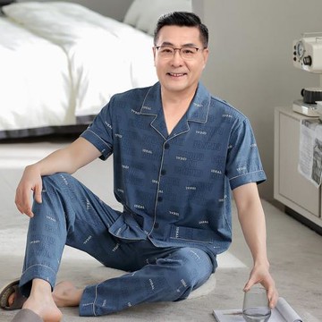 中老年人男士爸爸睡衣純棉短袖長褲春夏季中年家居服夏天薄款套裝