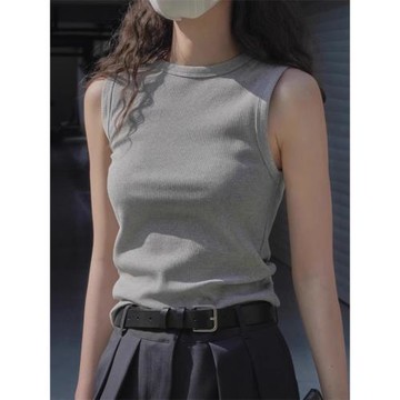 美式灰色帶胸墊工字登山背心女外穿圓領寬肩修身無袖T恤削肩上衣