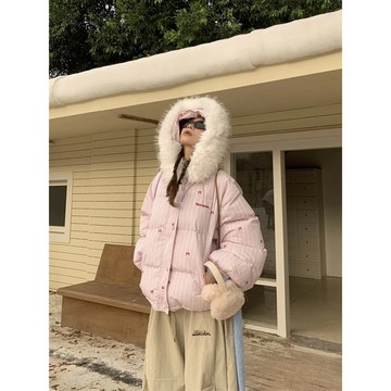冬禾-美式設計感條紋蝴蝶結毛領連帽棉服外套加厚保暖小個子棉衣女