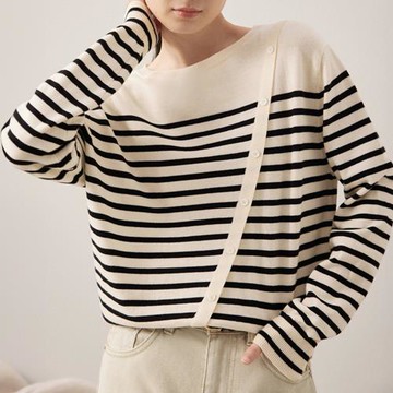 【LANNI 藍尼】★條紋斜襟設計感針織衫(圓領/簡約/休閒)
