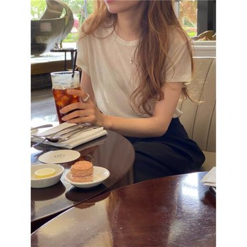 2025韓國新款夏季純色圓領米色短袖T恤女寬松透氣顯瘦打底上衣潮