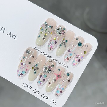 ✨Hannah✨純手工【彩鑽貓咪】可愛粘鑽亮片爆閃冰透拚鑽少女穿戴甲精緻穿戴甲 YECZ