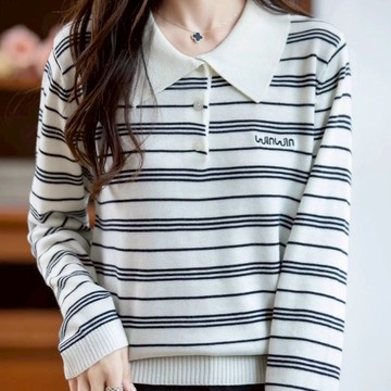 秋季韓版條紋polo領針織長袖上衣