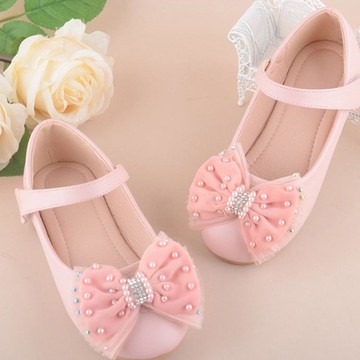 BEBEMARU 女童珍珠裝飾雙層蝴蝶結皮鞋 1390  粉色的  160