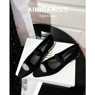 羊皮版~氣質方頭水鉆單鞋女秋冬2024新款女士配裙子粗跟瑪麗珍鞋