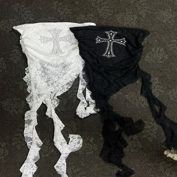 ♡ 𝑪𝒉𝒊𝒄 𝒖 ♡辣妹拽酷個性街頭重工蕾絲十字架燙鑽不規則飄帶設計y2k抹胸上衣