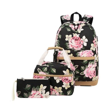 【Jpqueen】印花帆布USB孔後肩雙肩背包午餐袋零錢包三件組